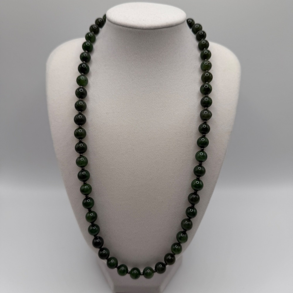 Dark‎ Green Jade Bead Necklace Hand Knotted Round Stone Strand 18 Inch 925 Clasp